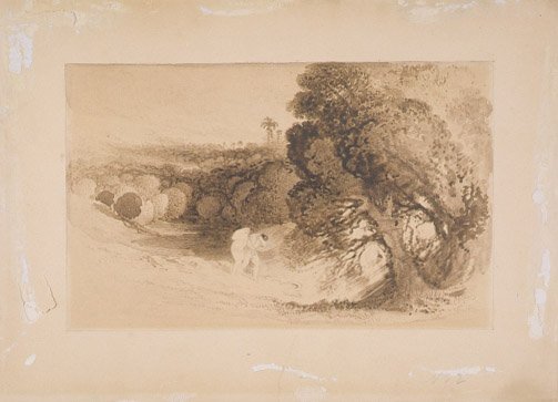 Utvisning fra Eden, (brun vask på papir lagt ned på kort) av John Martin
