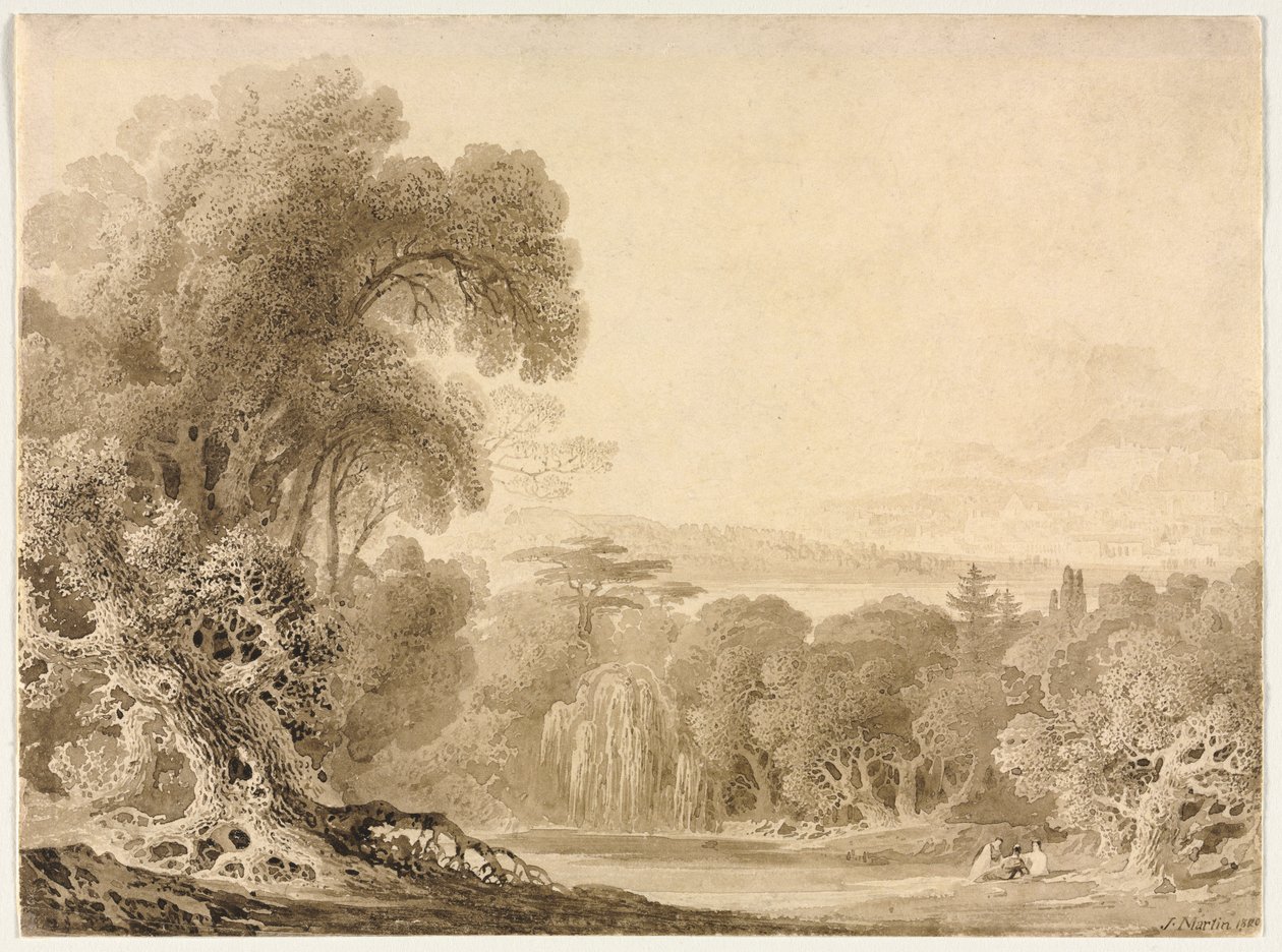 Figurer som sitter ved en innsjø i et skogslandskap av John Martin