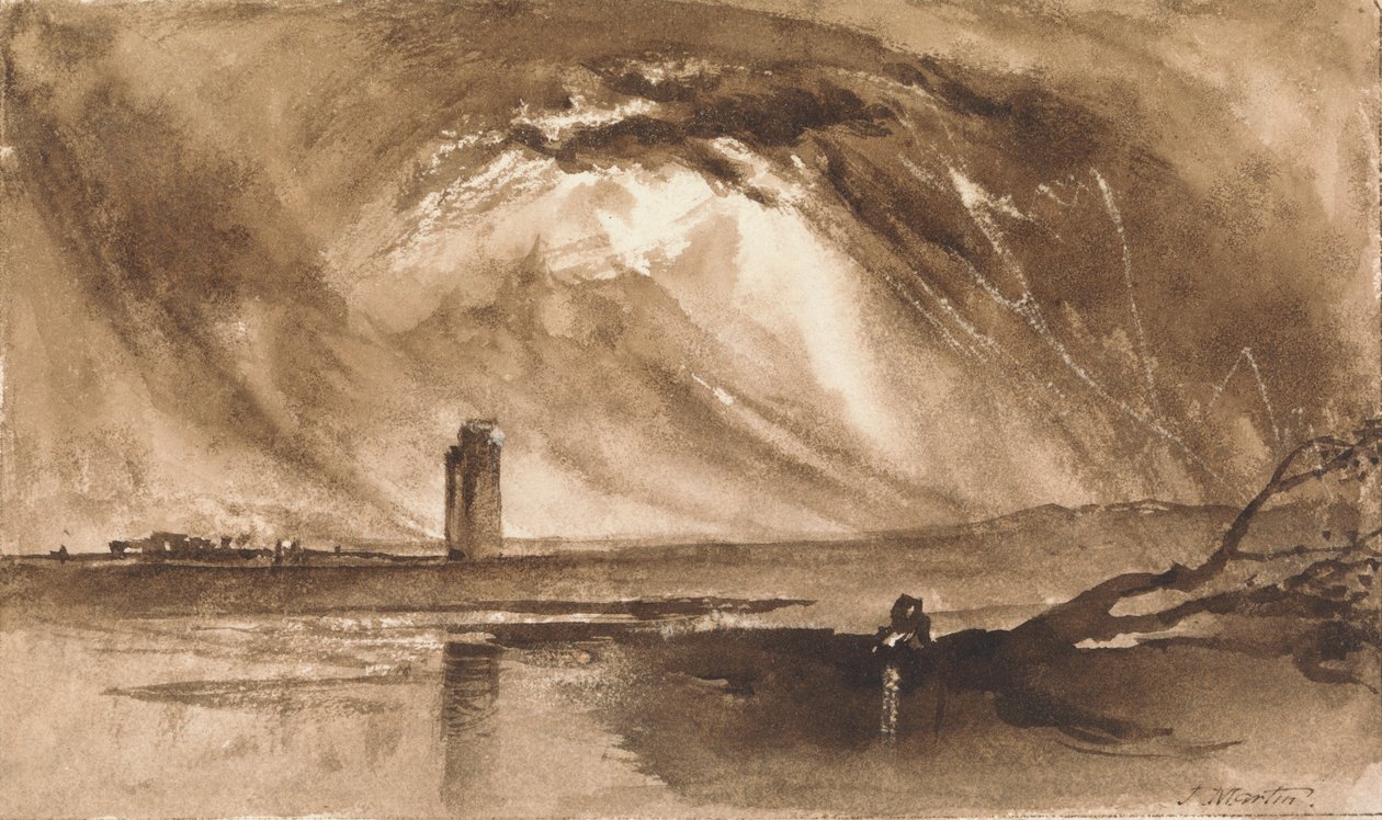 Landskap med tårn og storm som nærmer seg av John Martin