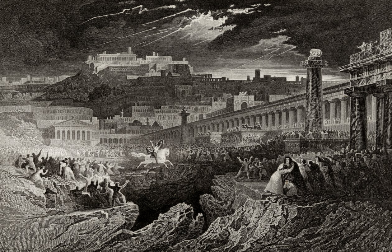 Marcus Curtius rir inn i kløften, gravert av H. Le Keux av John Martin