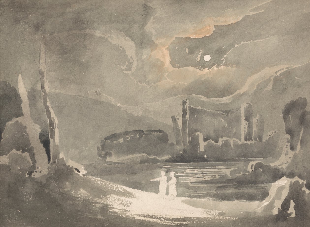 Månebelyst landskap med et ødelagt slott av John Martin