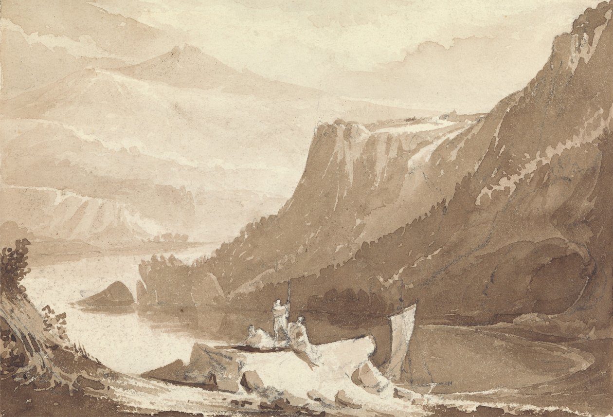 Fjellandskap med figurer og en klippe over en innsjø av John Martin