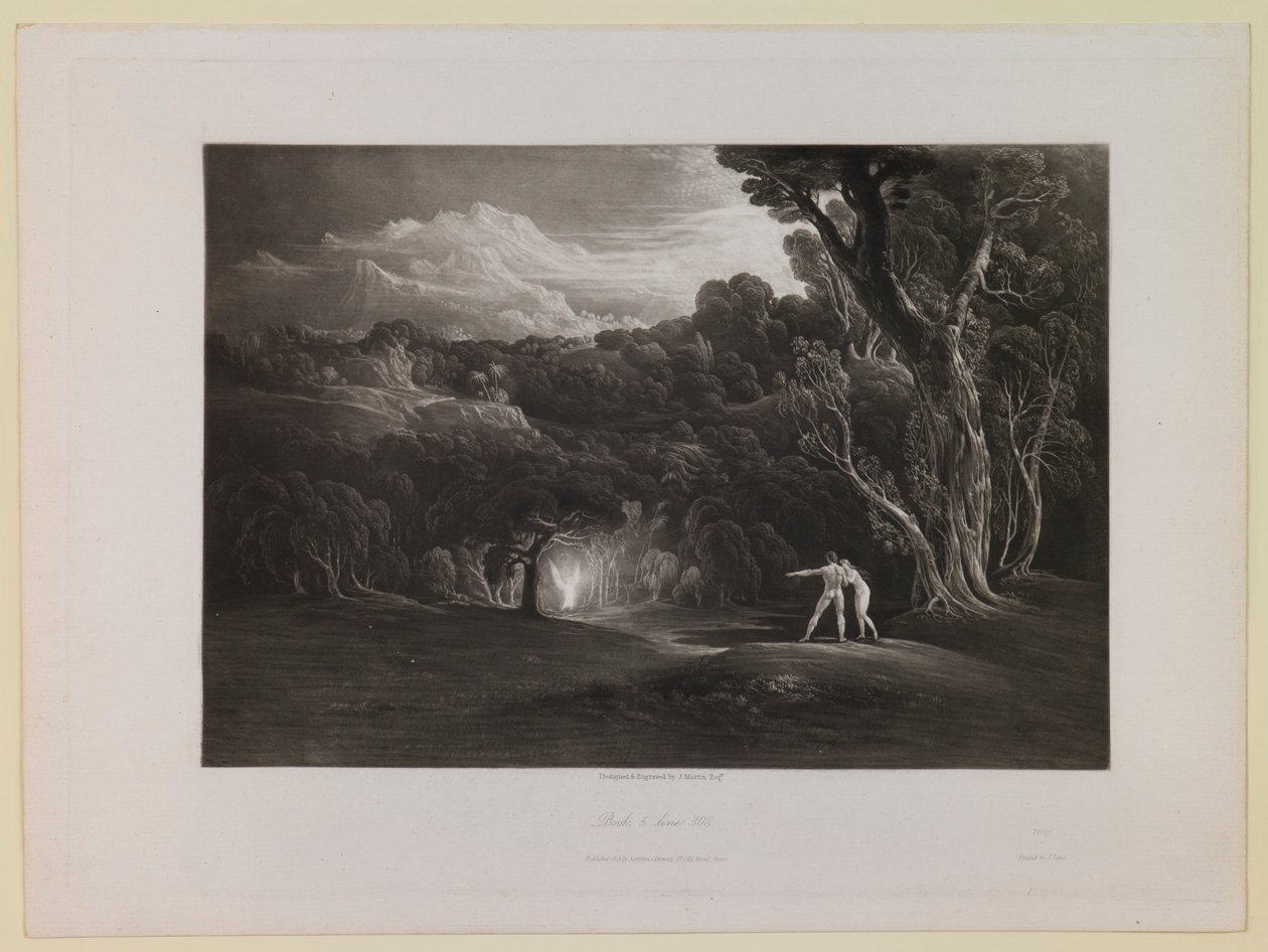 Paradiset - med erkeengelen Rafaels ankomst (Bok 5, linje 308), fra «Det tapte paradis» av John Martin