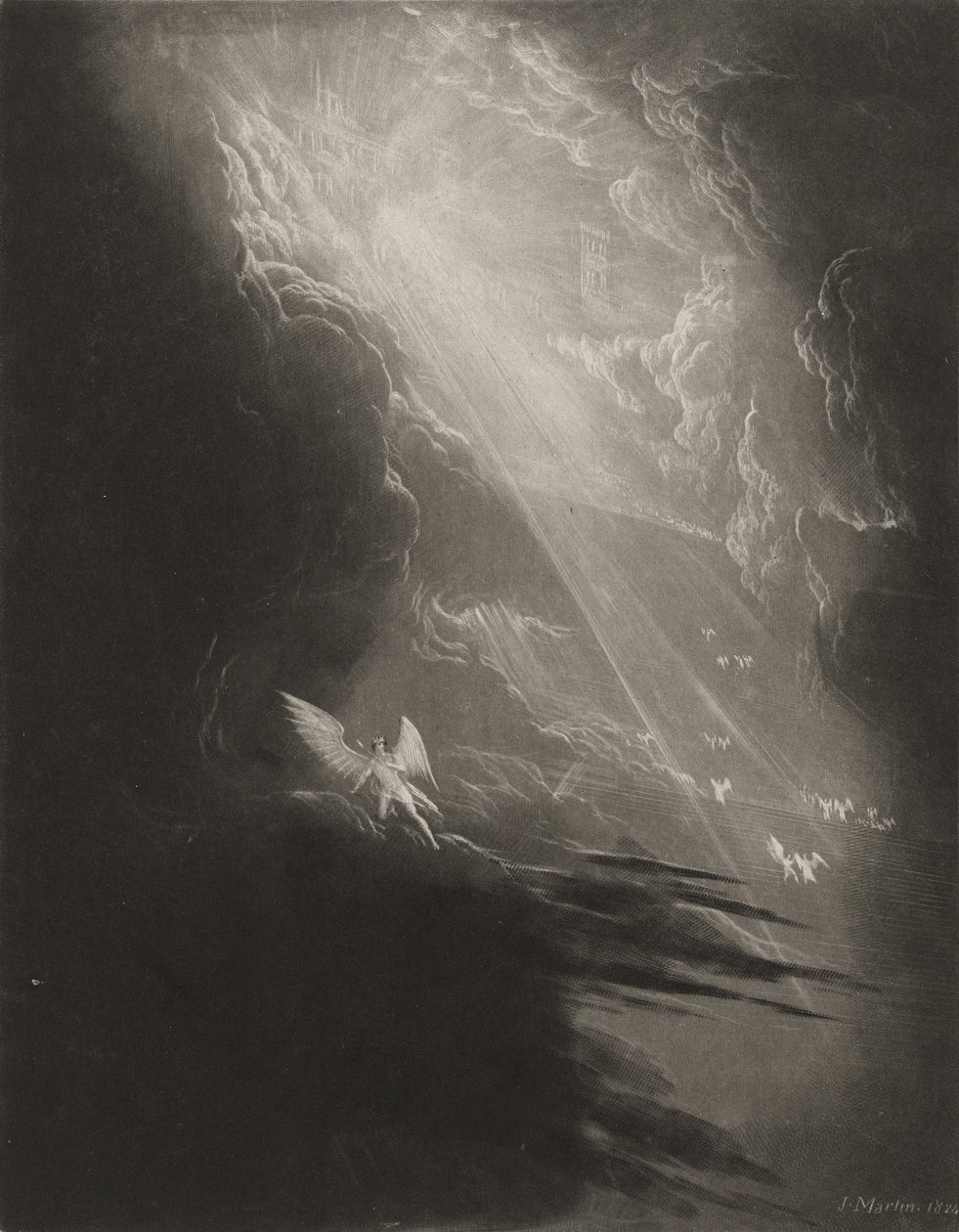 Satan ser på oppstigningen til himmelen, ca. 1827 (mezzotint) av John Martin
