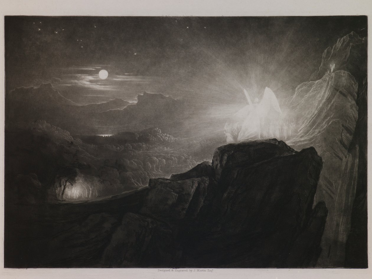 The Angels Guarding Paradise at Night, illustrasjon for "Paradise Lost" av John Milton, bok 4, linje 866 av John Martin