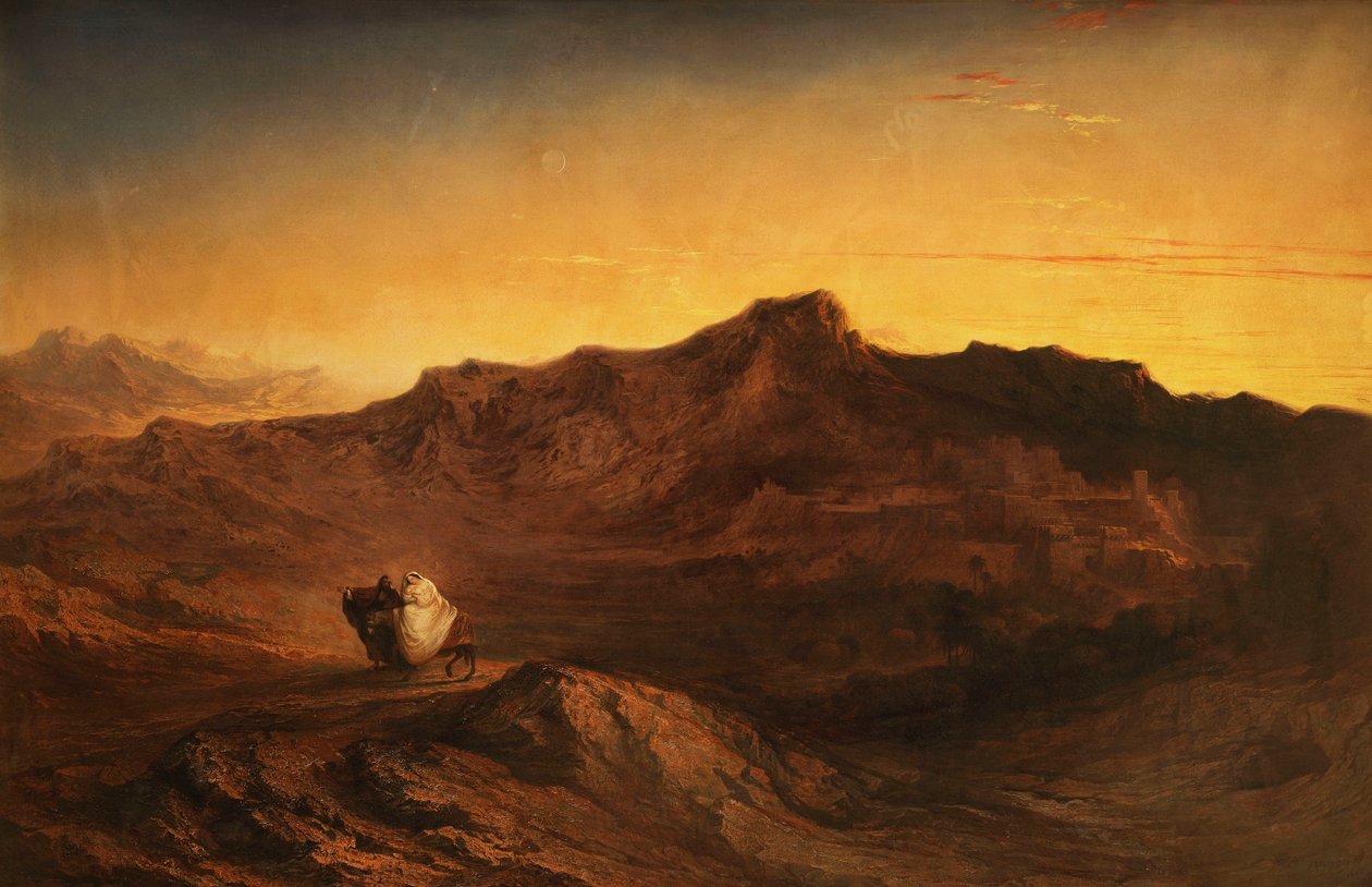 Flukten til Egypt - Da han reiste seg, tok han det lille barnet og moren hans om natten og dro til Egypt.-Matteus II, 14, 1842 av John Martin