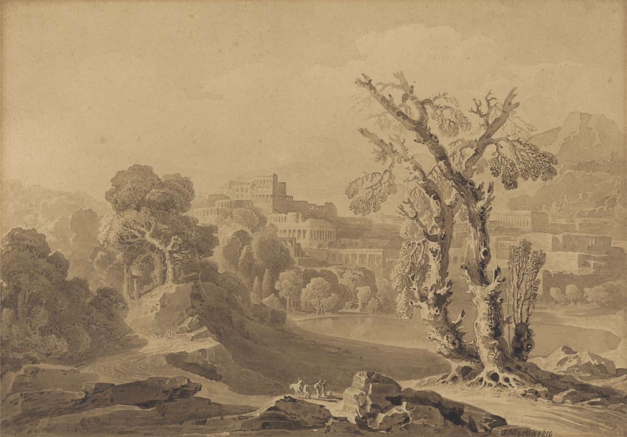 Uten tittel: Klassisk by i et landskap, 1816 (vask på kort) av John Martin