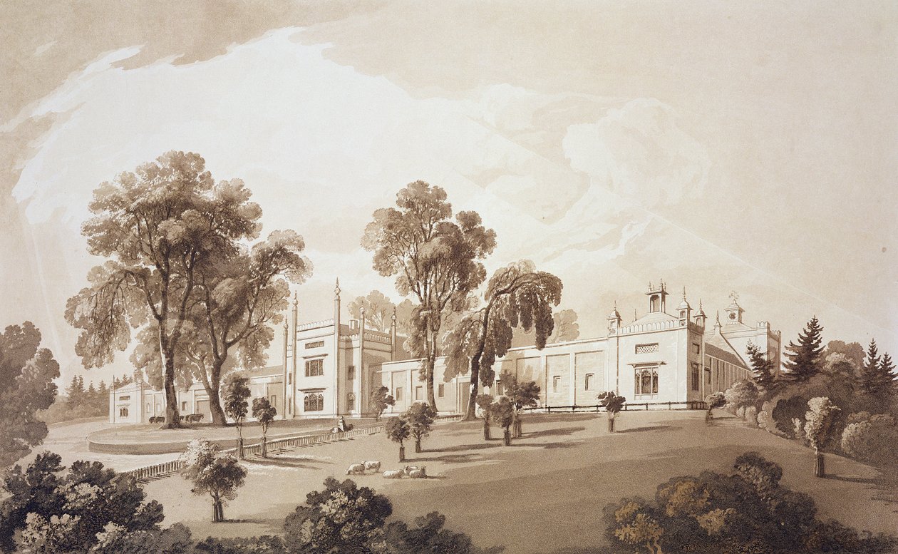 Utsikt over gårdshuset med skjerm til staller og gårdsbygninger til Sezincote House, gravert av Frederick Christian Lewis Snr. (1779–1856), ca. 1817–18 (sepiaakvatint) av John Martin