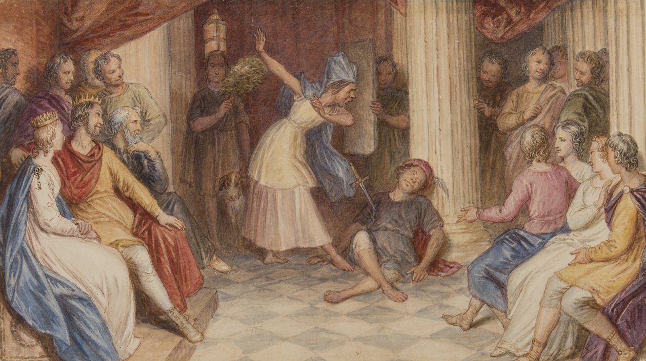 Pyramus og Thisbe, Midsummer Nights Dream, Act V, Scene I, ca. 1840 (wc på papir) av John Massey Wright