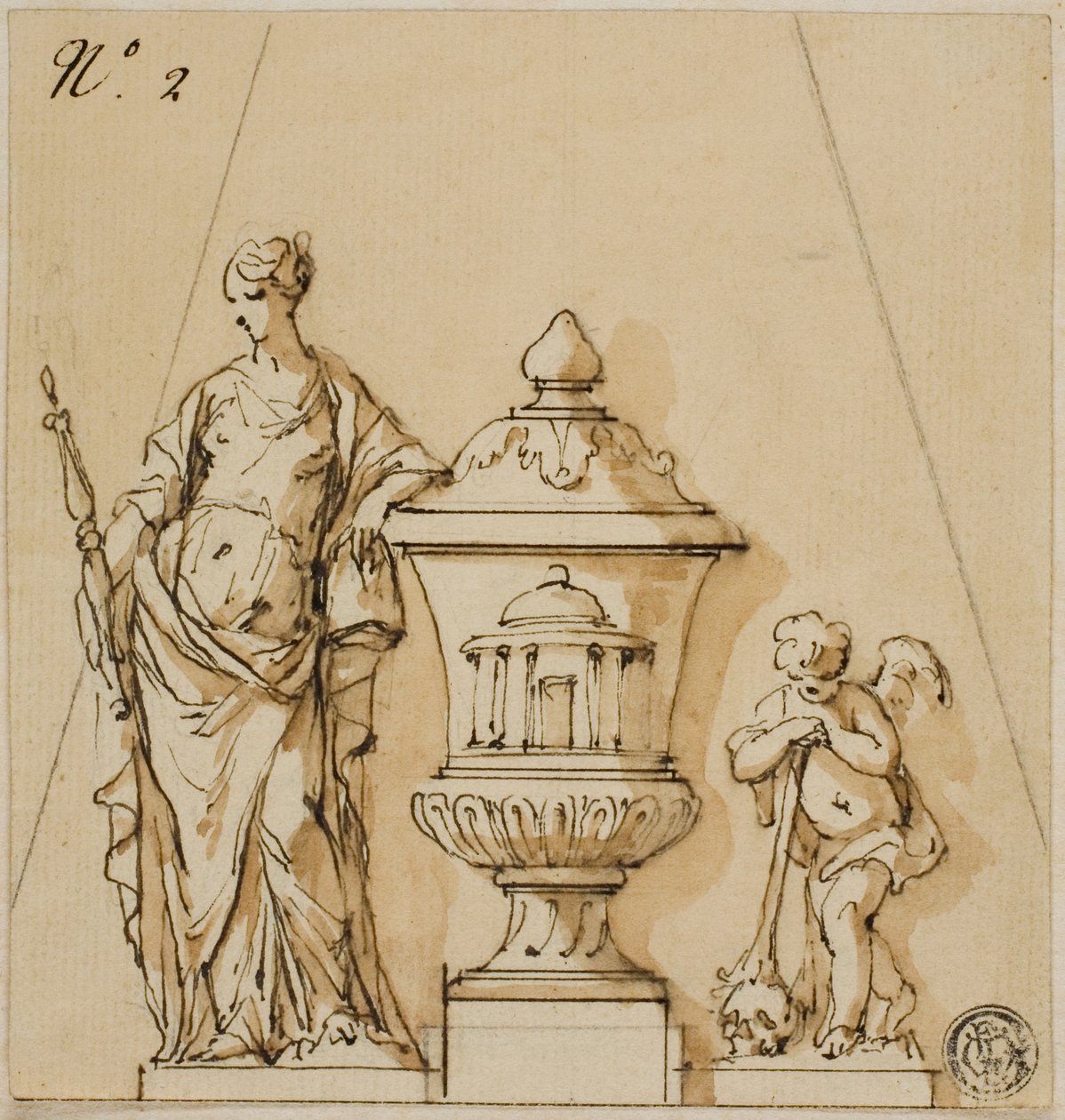 Design for et begravelsesmonument med skjebne, urne, putto av John Michael Rysbrack