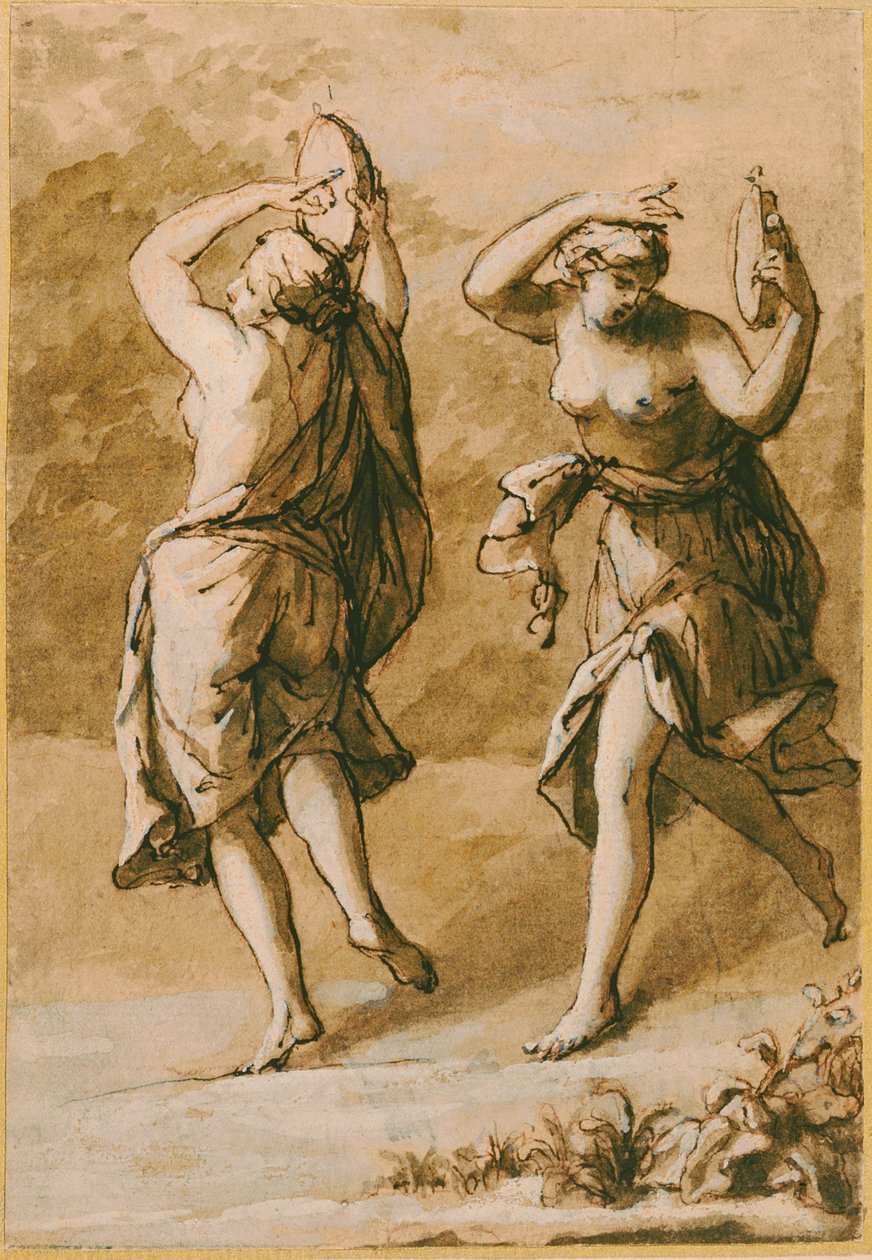 Two Maenads, A Study (brun vask med hvite høylys og brunt blekk på papir) av John Michael Rysbrack