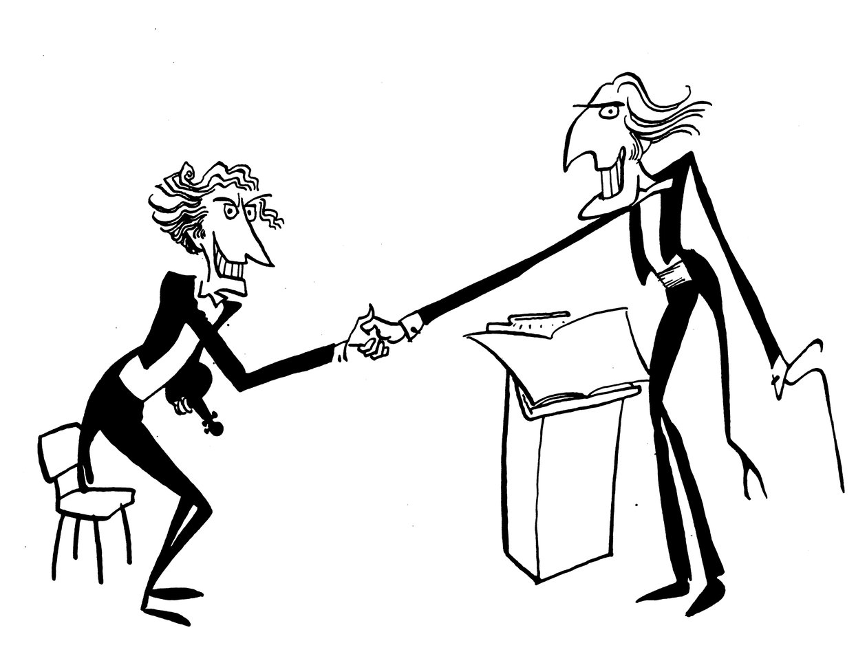 Karikatur av en dirigent som hilser på orkesterlederen av John Minnion