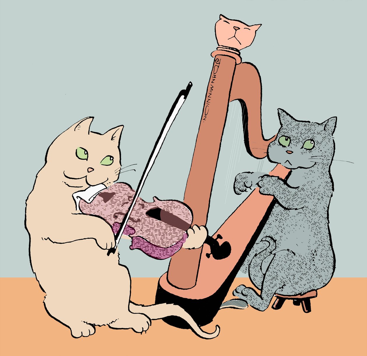 Karikatur av to katter som spiller harpe og bratsj av John Minnion