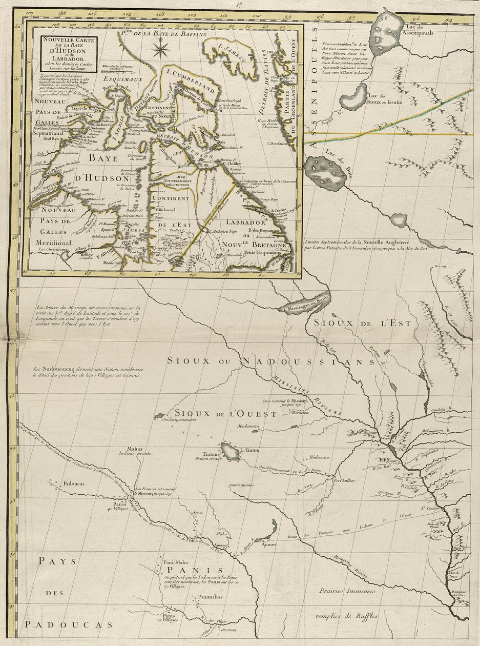 Et kart over de britiske og franske herredømmene i Amerika, 1756 (gravering med konturfarge på papir) av John Mitchell