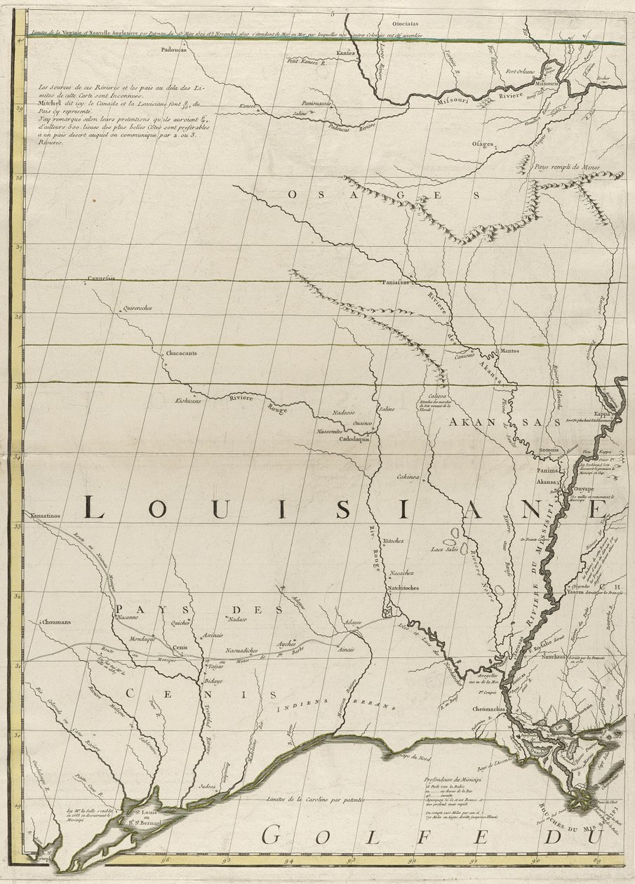 Et kart over de britiske og franske herredømmene i Amerika, 1756 (gravering med konturfarge på papir) av John Mitchell