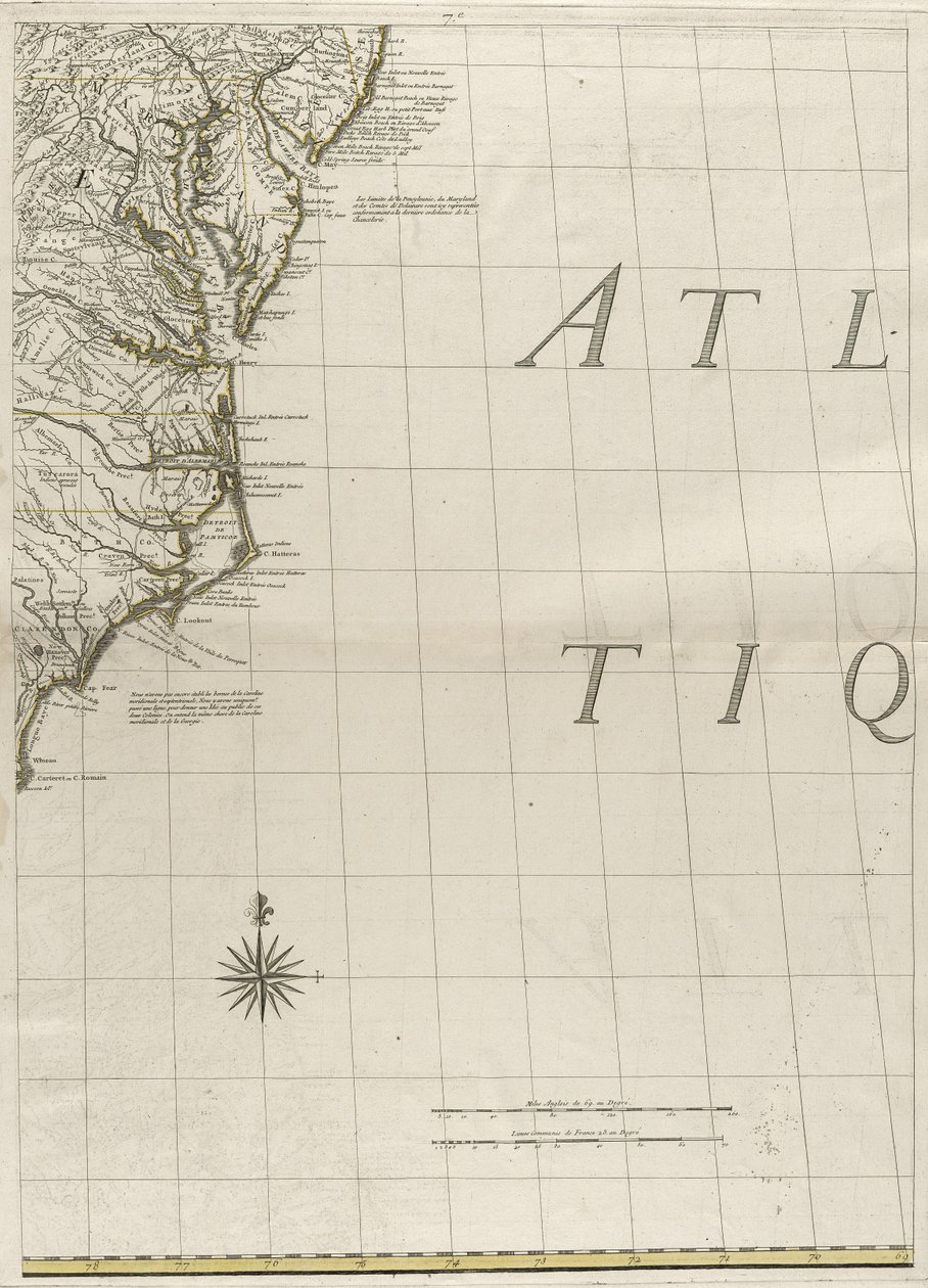 Et kart over de britiske og franske herredømmene i Amerika, 1756 (gravering med konturfarge på papir) av John Mitchell
