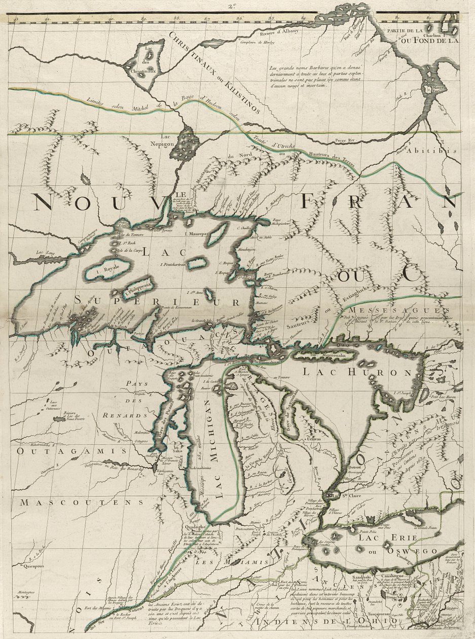 Et kart over de britiske og franske herredømmene i Amerika, 1756 (gravering med konturfarge på papir) av John Mitchell