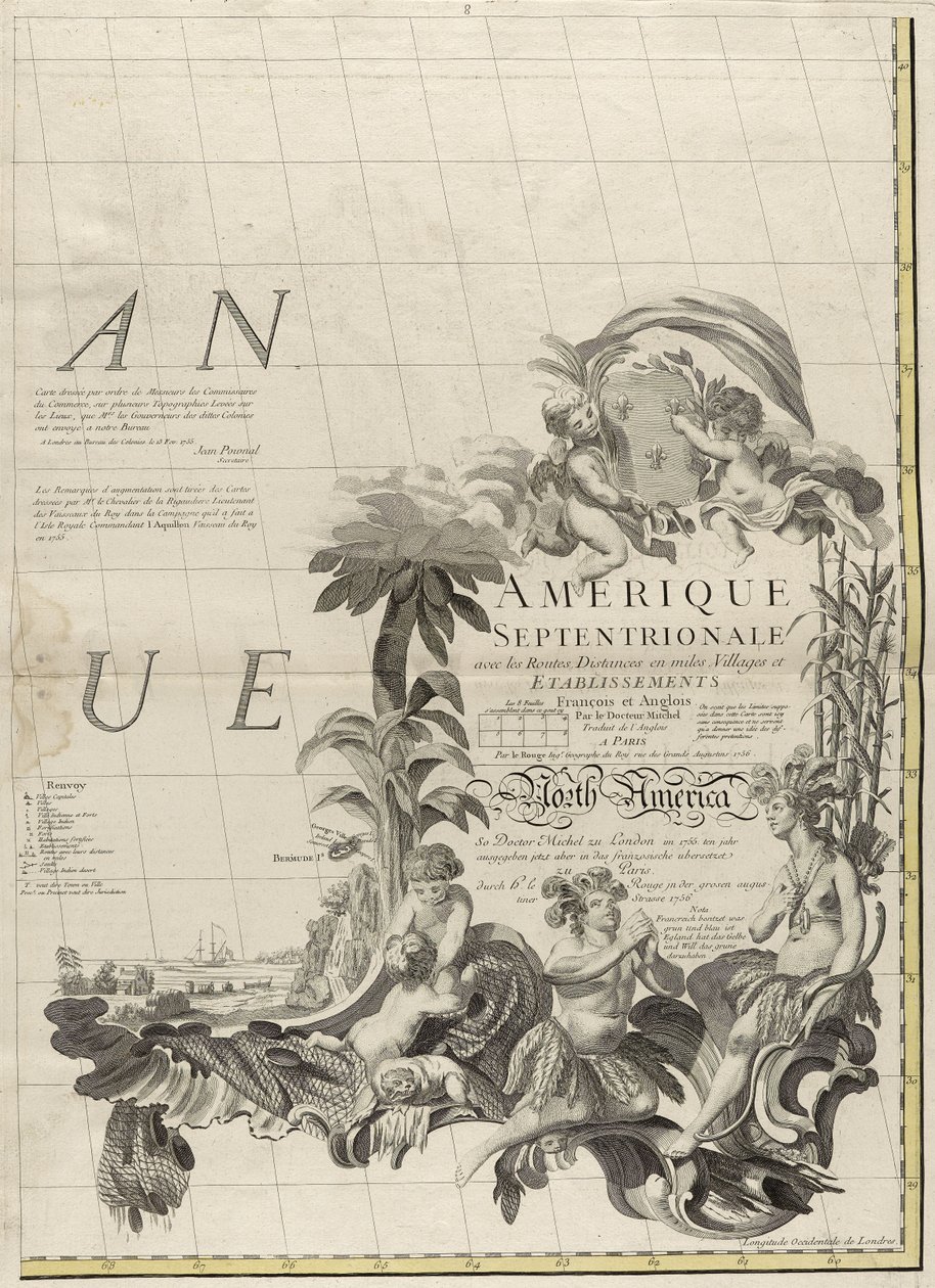 Et kart over de britiske og franske herredømmene i Amerika, 1756 (gravering med konturfarge på papir) av John Mitchell