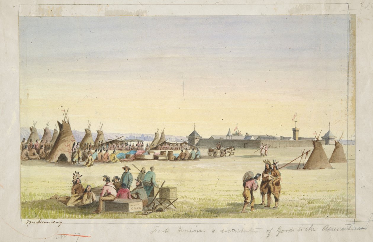 Fort Union og utdeling av varer til assiniboinene av John Mix Stanley
