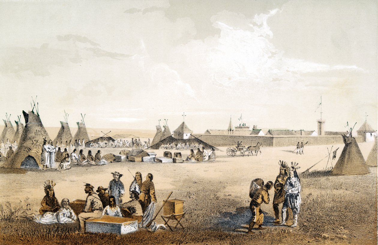 Fort Union, og distribusjon av varer til Assiniboine, pub. 1860 av John Mix Stanley