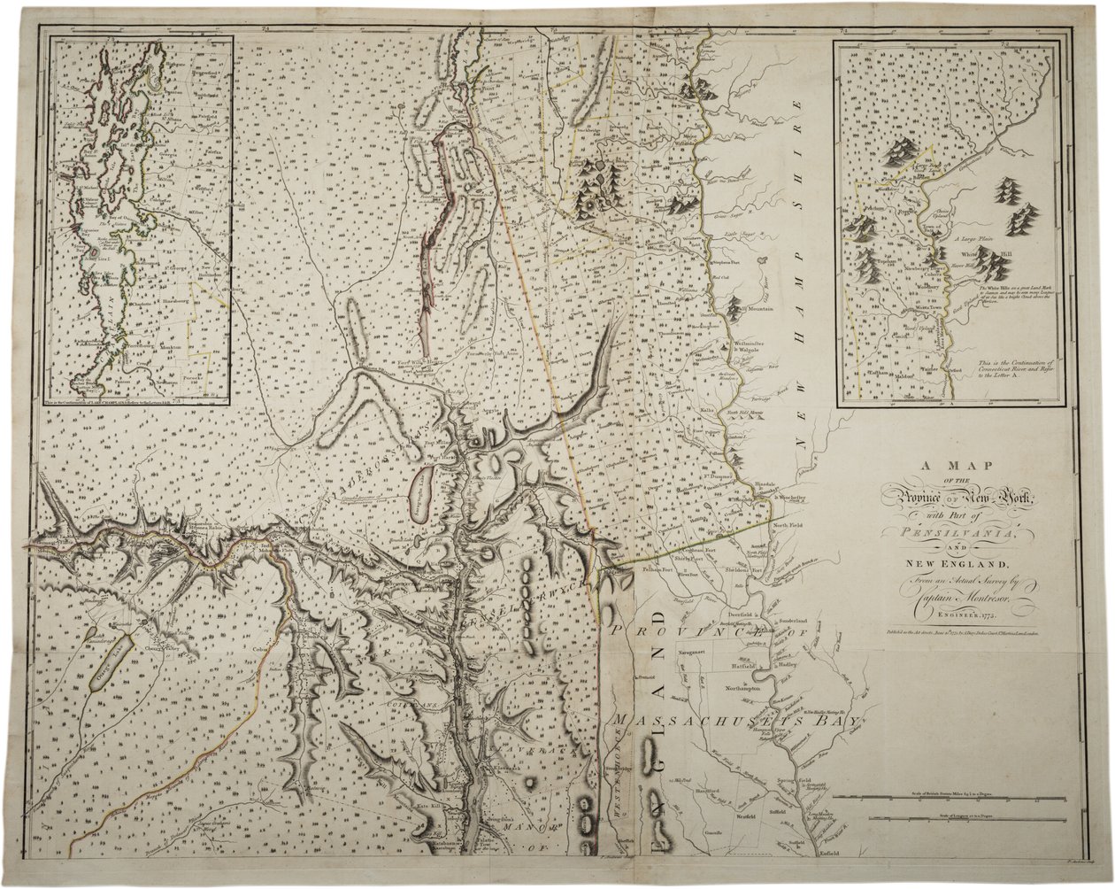 Et kart over provinsen New York med en del av Pennsylvania og New England, fra en faktisk undersøkelse av kaptein Montrésor, ingeniør, 1775, 10. juni 1775 av John Montresor