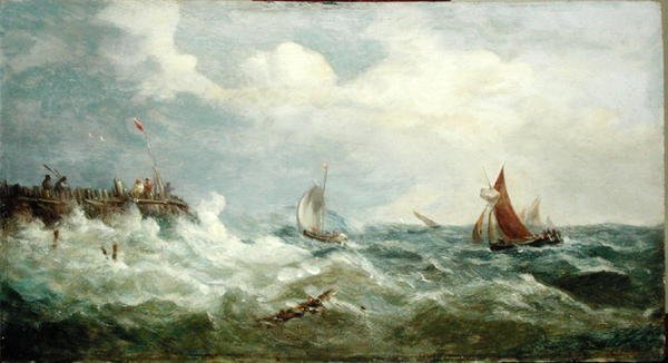Boats Making for the Harbour Mouth (olje på panel) av John Moore
