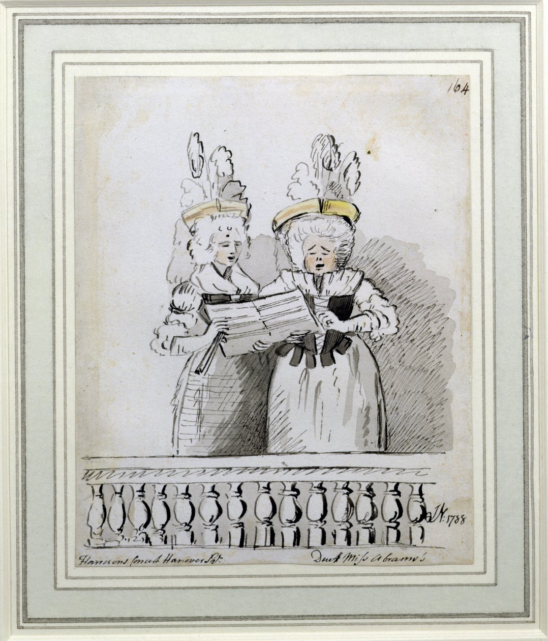 En duett av frøken Harriett og frøken Theodosia Abrams, Harrisons konsert, Hanover Square, 1788 (blekk og vask) av John Nixon