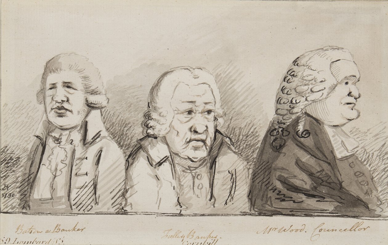 Batson, en bankmann, Tulley, Banker, Mr Wood, rådmann, 69 Lombard Street, Cornhill, 1790 (penn, pensel og blekk på papir) av John Nixon