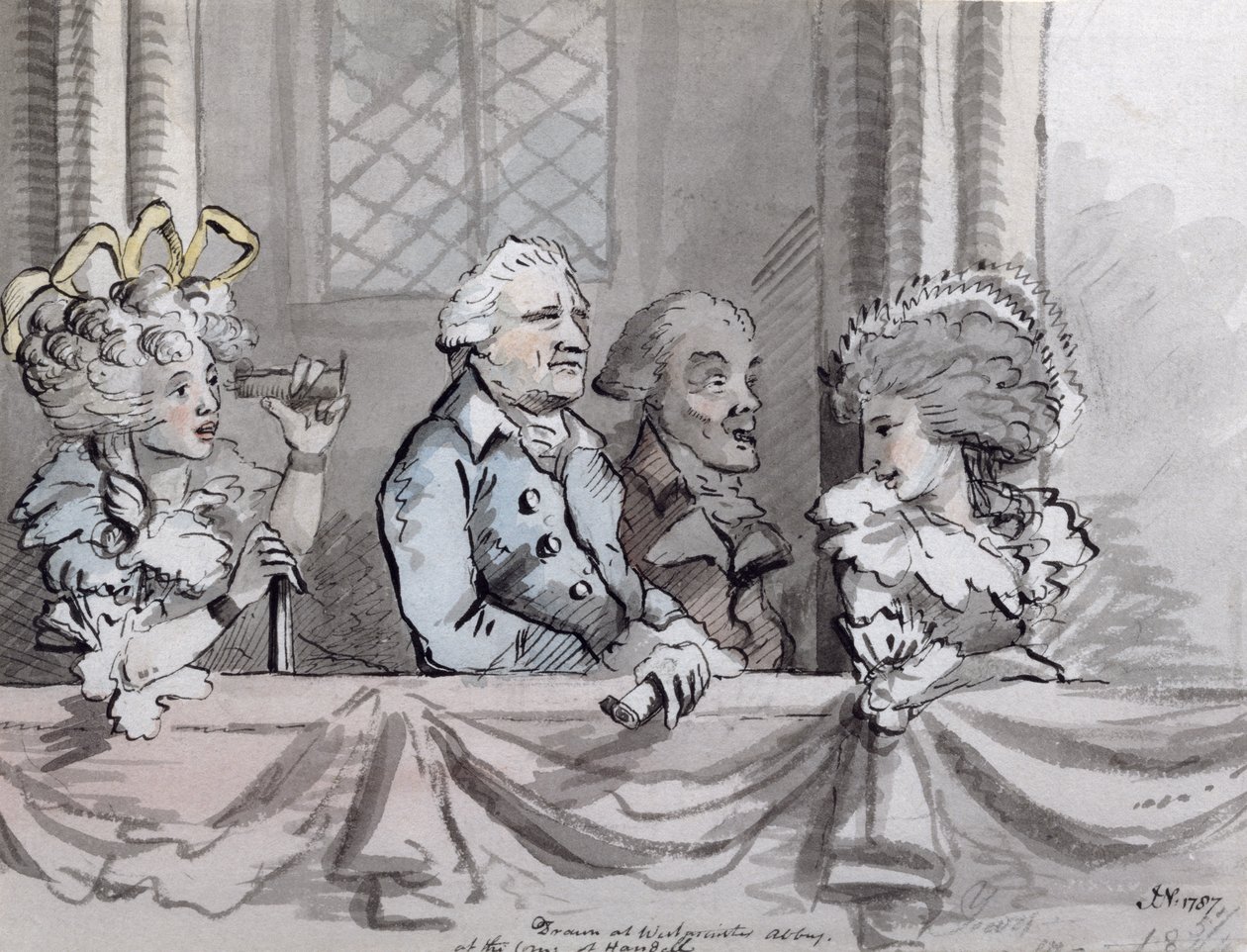 Karikatur av publikum ved Commemoration of Handel i Westminster Abbey, 1787 (blekk og akvarell) av John Nixon