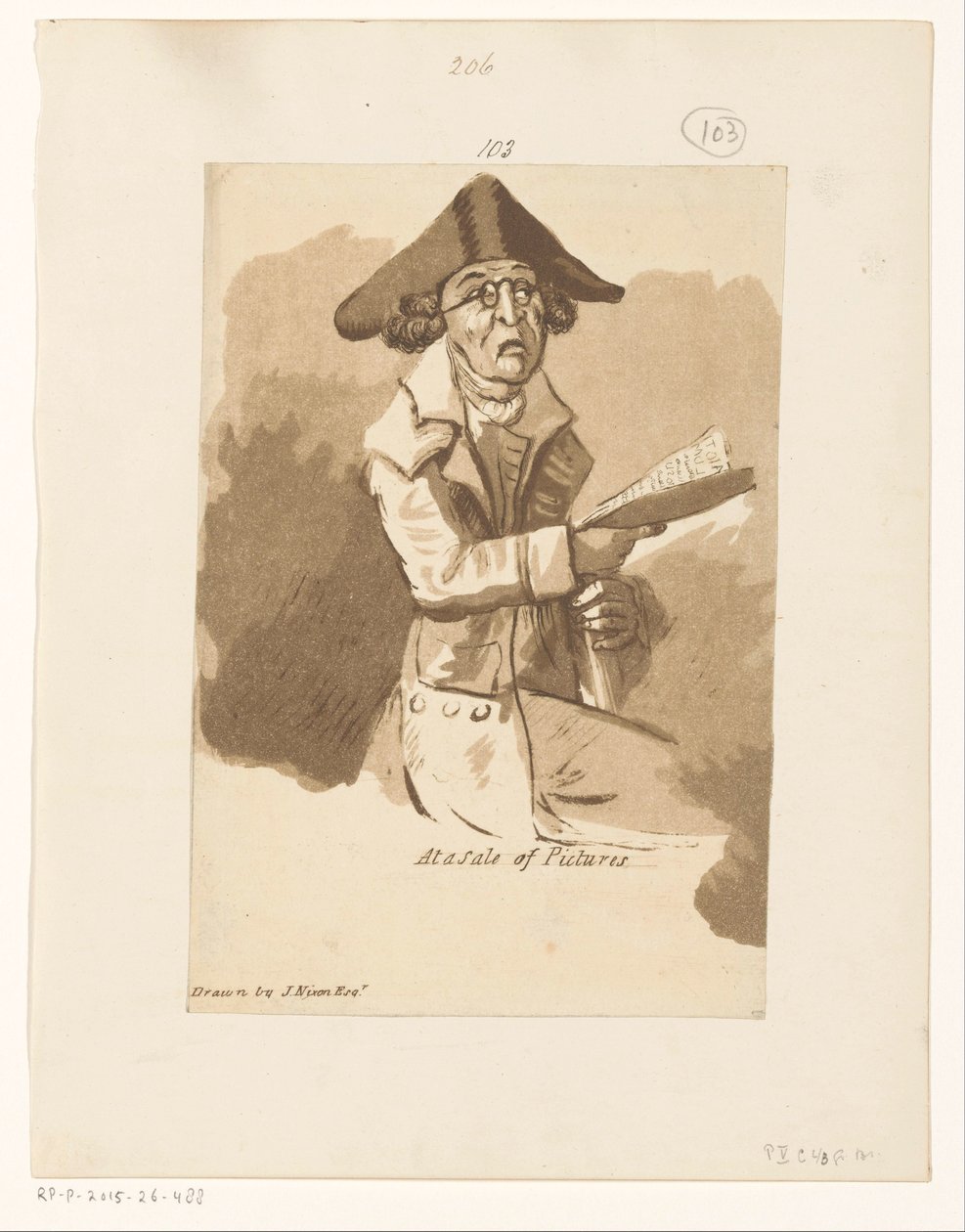 Man op een schilderijenveiling At a sale of Pictures (title on object)   1383119   no       norwegian Successfully Translated  Original: De dwerg Piters Kahlmüß Wisseller als walvisvaarder, ca. 1710 Den Edlen en Vornaemen Heer Piters Kahlmüß Wisseller, en  av John Nixon