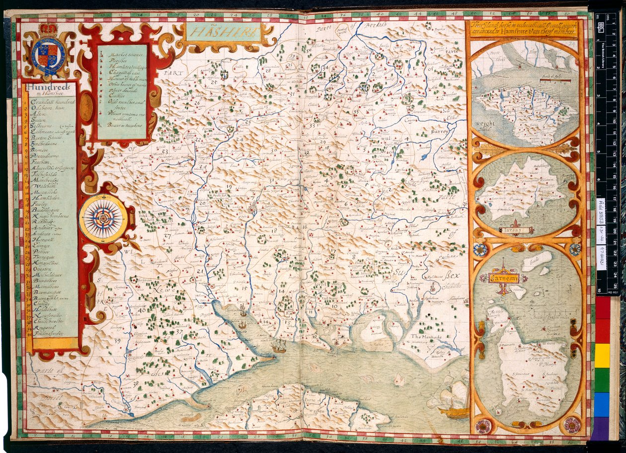 Legge til. 31853, ff.23-24, Southampton, Hampshire: Beskrivelse av, av J. Norden, med kart: 1595 (farget gravering) av John Norden