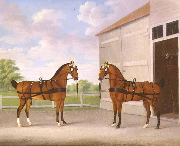Et par Bay vognhester i en stallgård av John Nott Sartorius