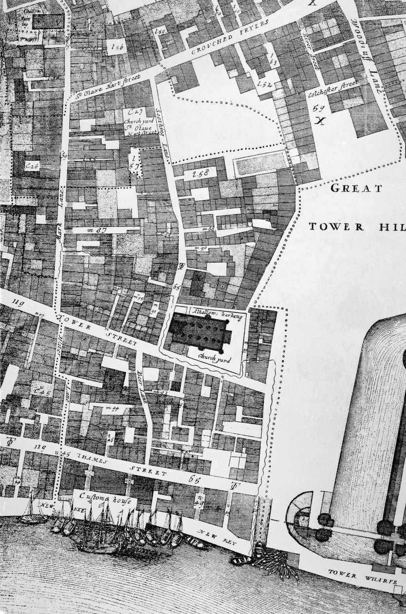 Detalj av et stort og nøyaktig kart over City of London (gravering) av John Ogilby