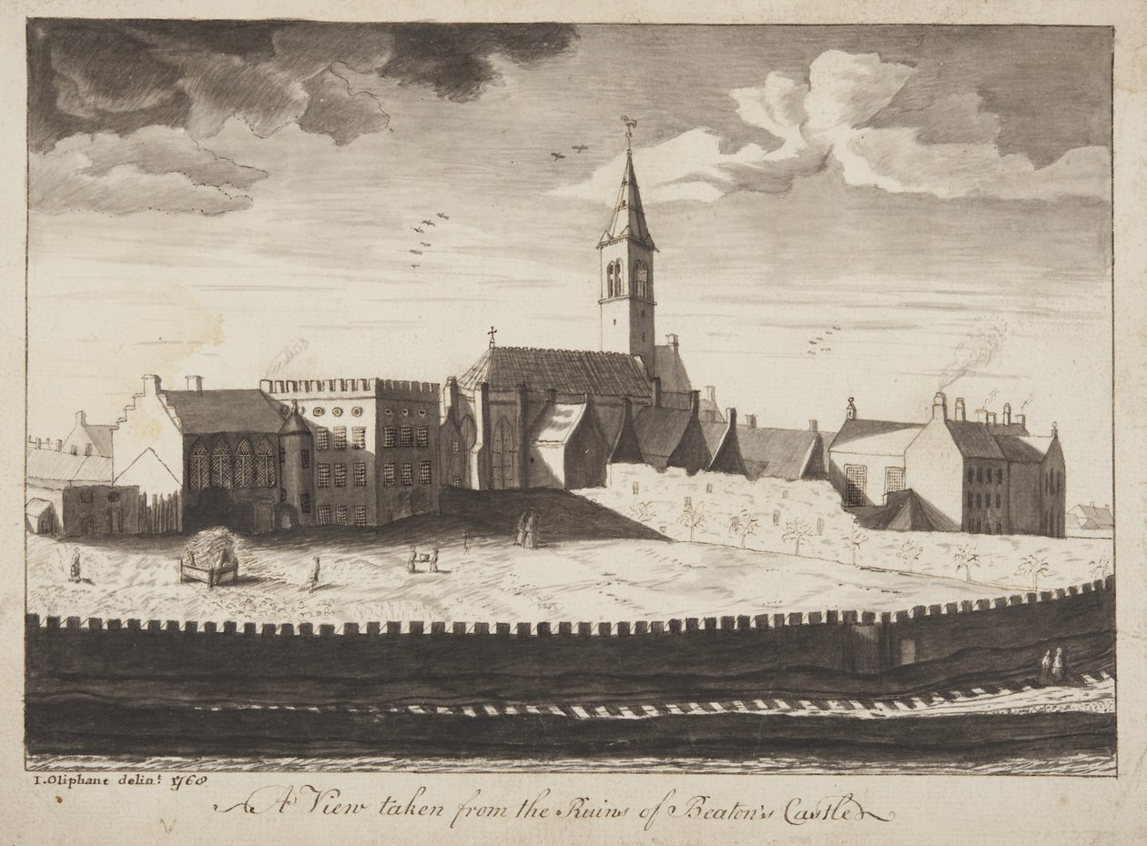 St Andrews Delineated - En utsikt tatt fra ruinene til Beatons Castle (penn og vask på papir) av John Oliphant