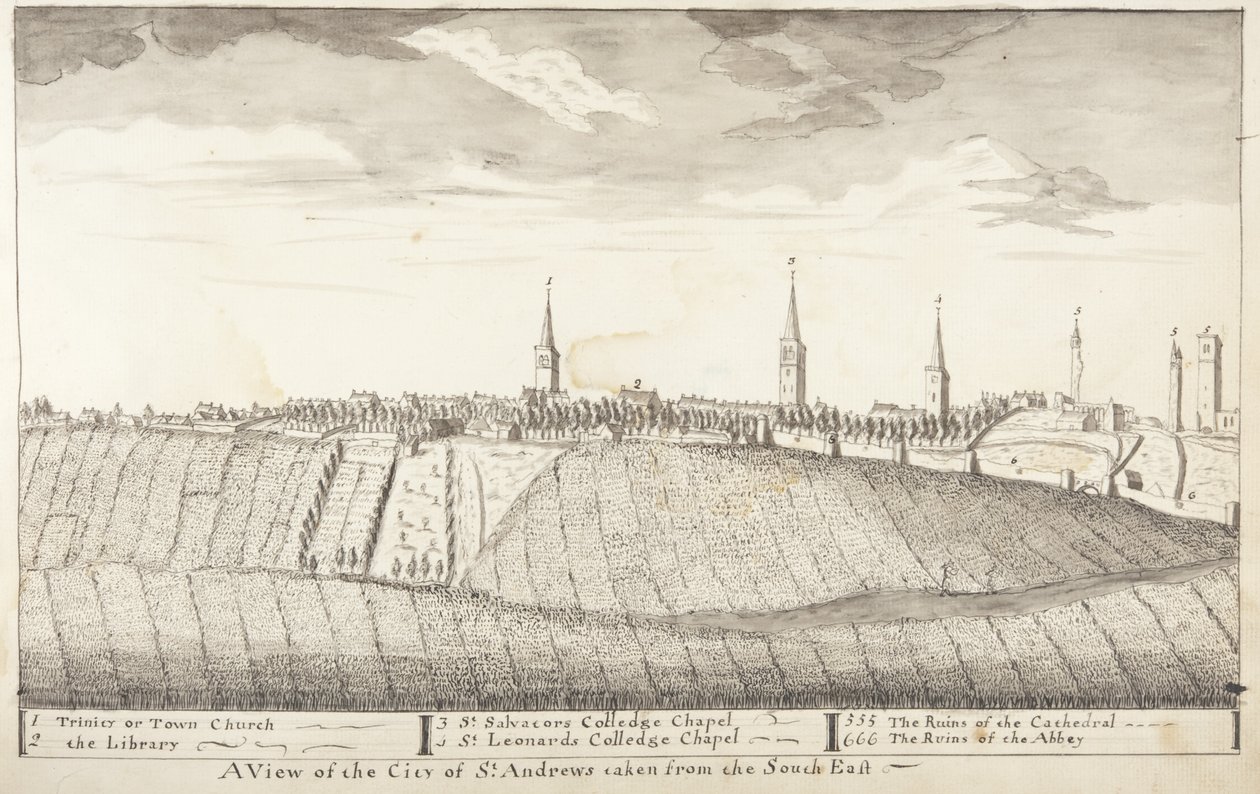 St Andrews Delineated - En utsikt over byen St Andrews tatt fra sørøst (penn og vask på papir) av John Oliphant