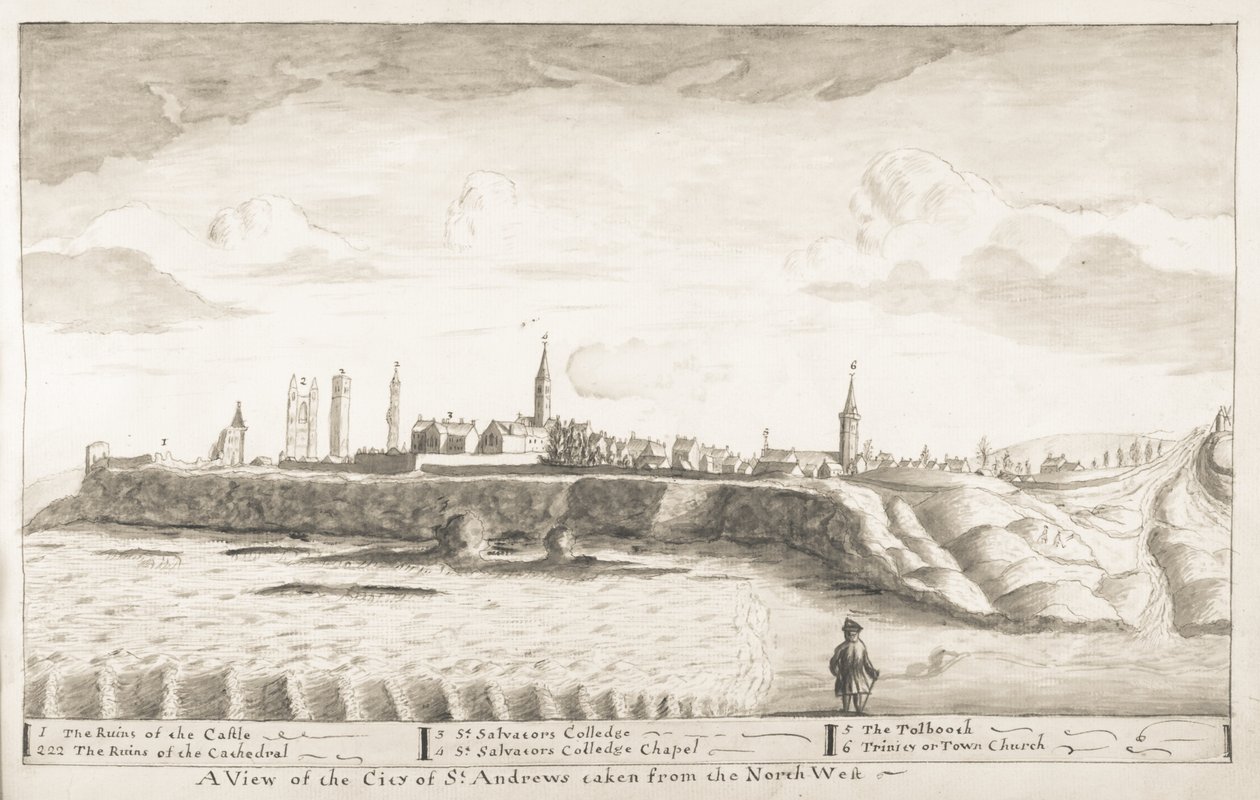 St Andrews Delineated - En utsikt over byen St Andrews tatt fra Nordvest (penn og vask på papir) av John Oliphant