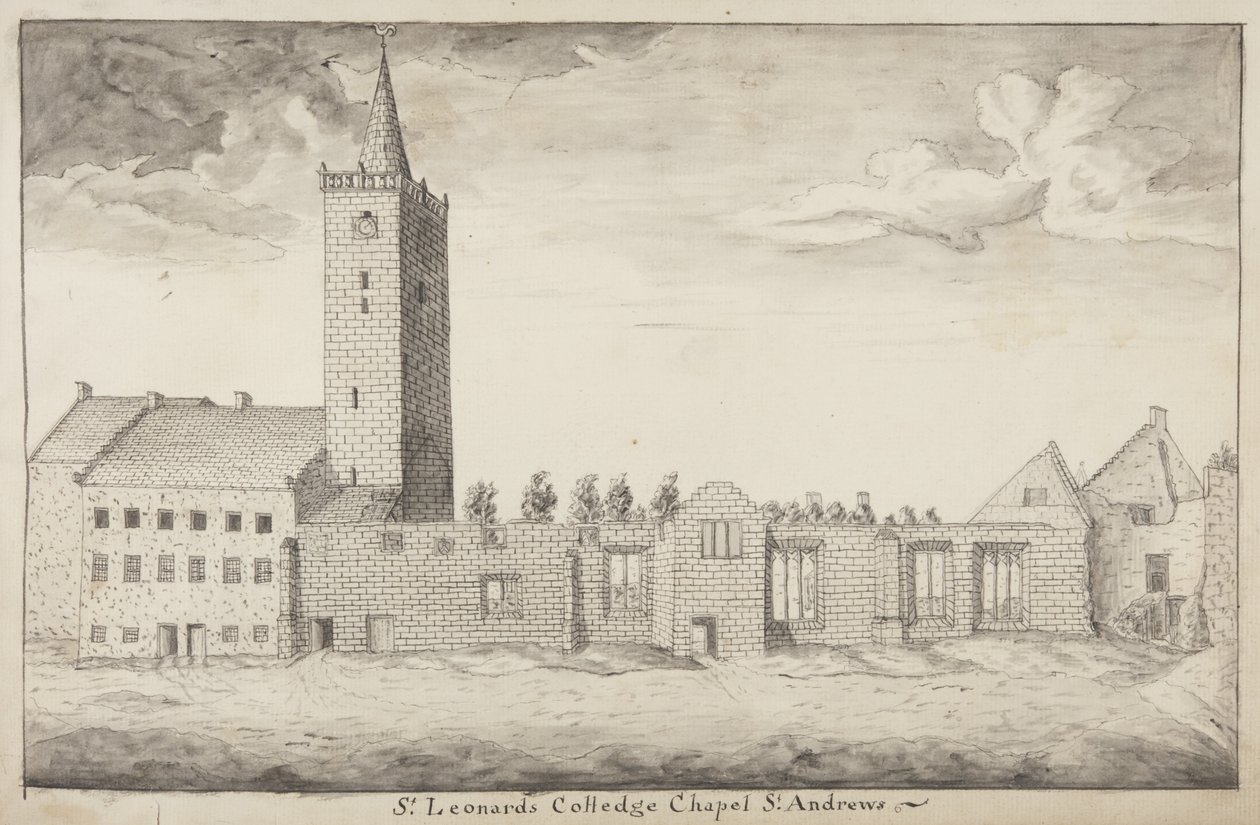 St Andrews Delineated - St Leonards Colledge Chapel St Andrews (penn og vask på papir) av John Oliphant