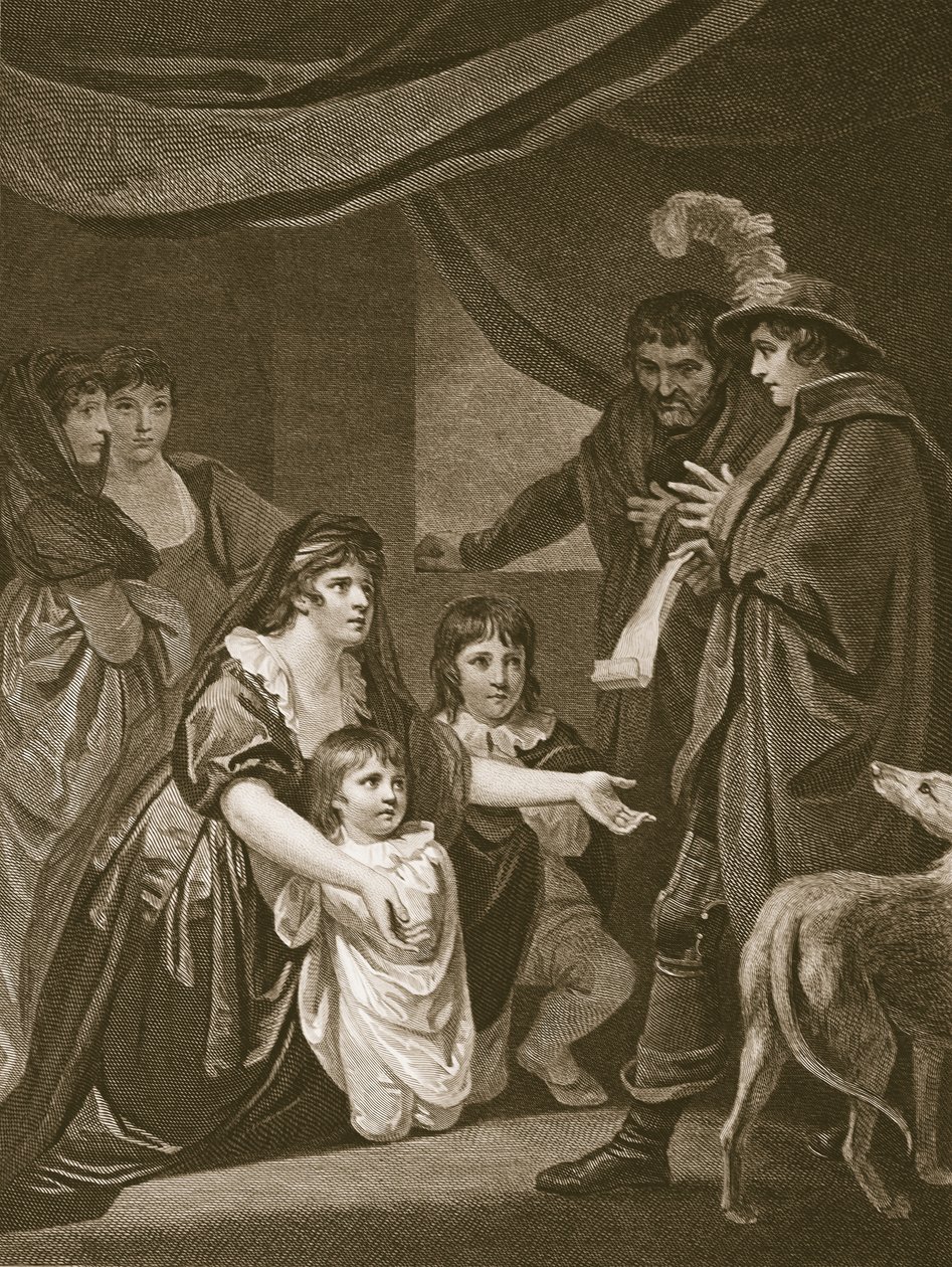 Lady Elizabeth Gray ber Edward IV om å beskytte barna sine, gravert av W. Bromley, illustrasjon fra David Humes 