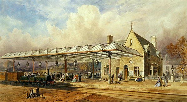 Jernbanestasjon, 1868 (wc og penn og blekk på papir) av John Osborn Brown