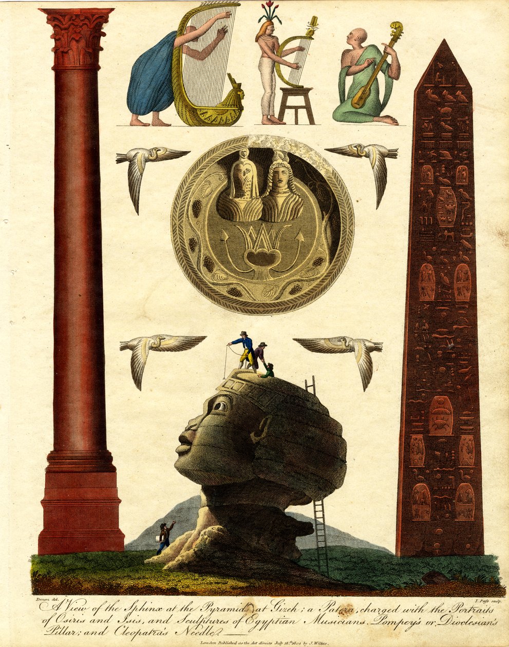 Et utsyn over sfinksen ved pyramidene i Giza: en patera fylt med portretter av Osiris og Isis; og skulpturer av egyptiske musikere; Pompeius#39; eller Dioklesians søyle; og Kleopatras nål av John Pass