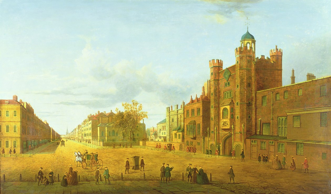 Utsikt over St. James" Palace, Looking Beyond Down Pall Mall, tidlig på 1800-tallet av John Paul