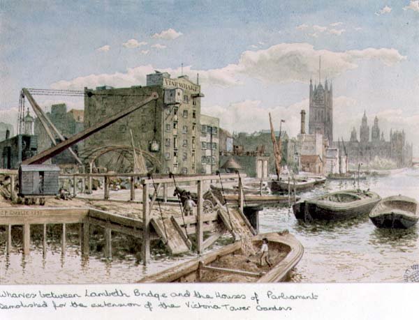 Riverside View of Wharves mellom Lambeth Bridge og Houses of Parliament av John Phillipp Emslie
