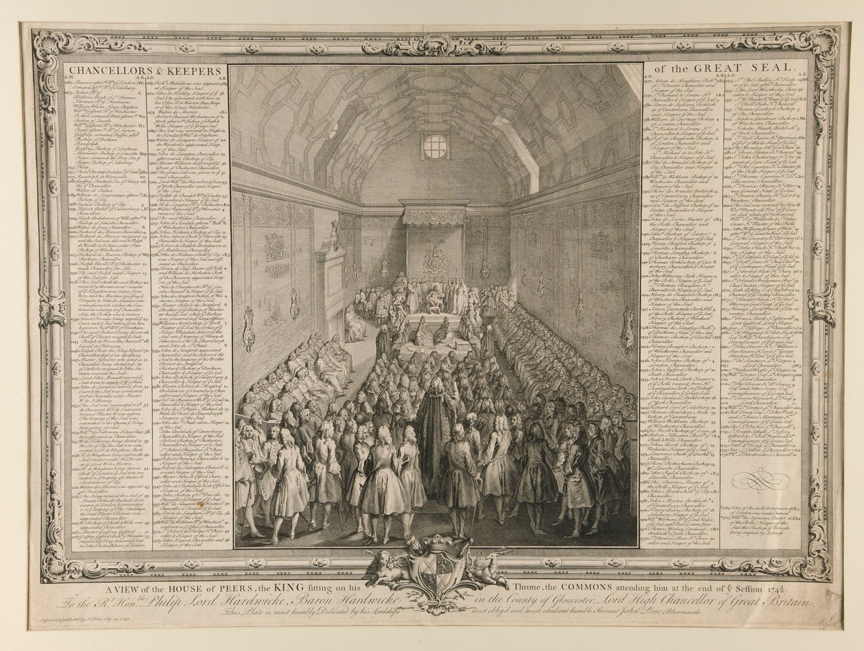 En utsikt over House of Peers, kongen som sitter på sin trone, allmenningen som deltar på ham på slutten av sesjonen 1741/2 av John Pine
