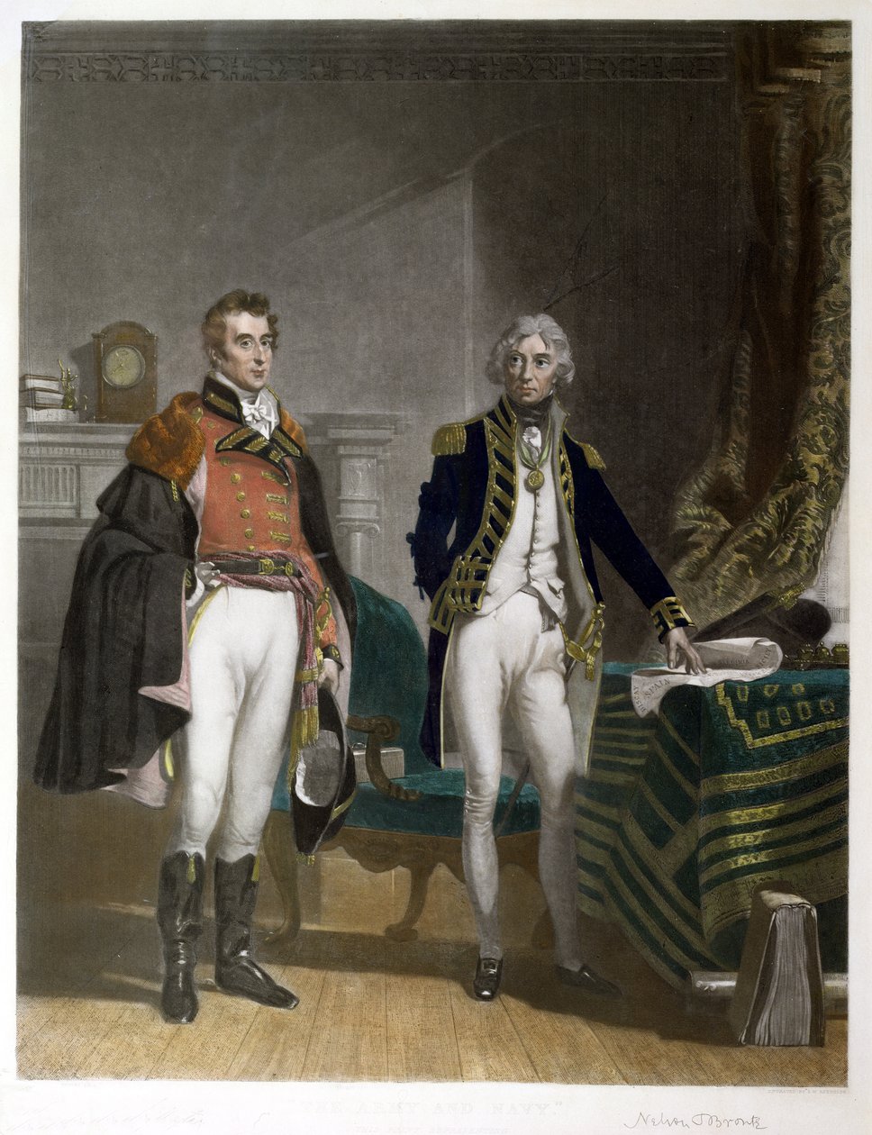 Et møte mellom generalmajor Sir Arthur Wellesley og viseadmiral Horatio Nelson, september 1805, gravert av Samuel William Reynolds (1794-1872), pub. av A.J. Isaacs av John Prescott (after) Knight