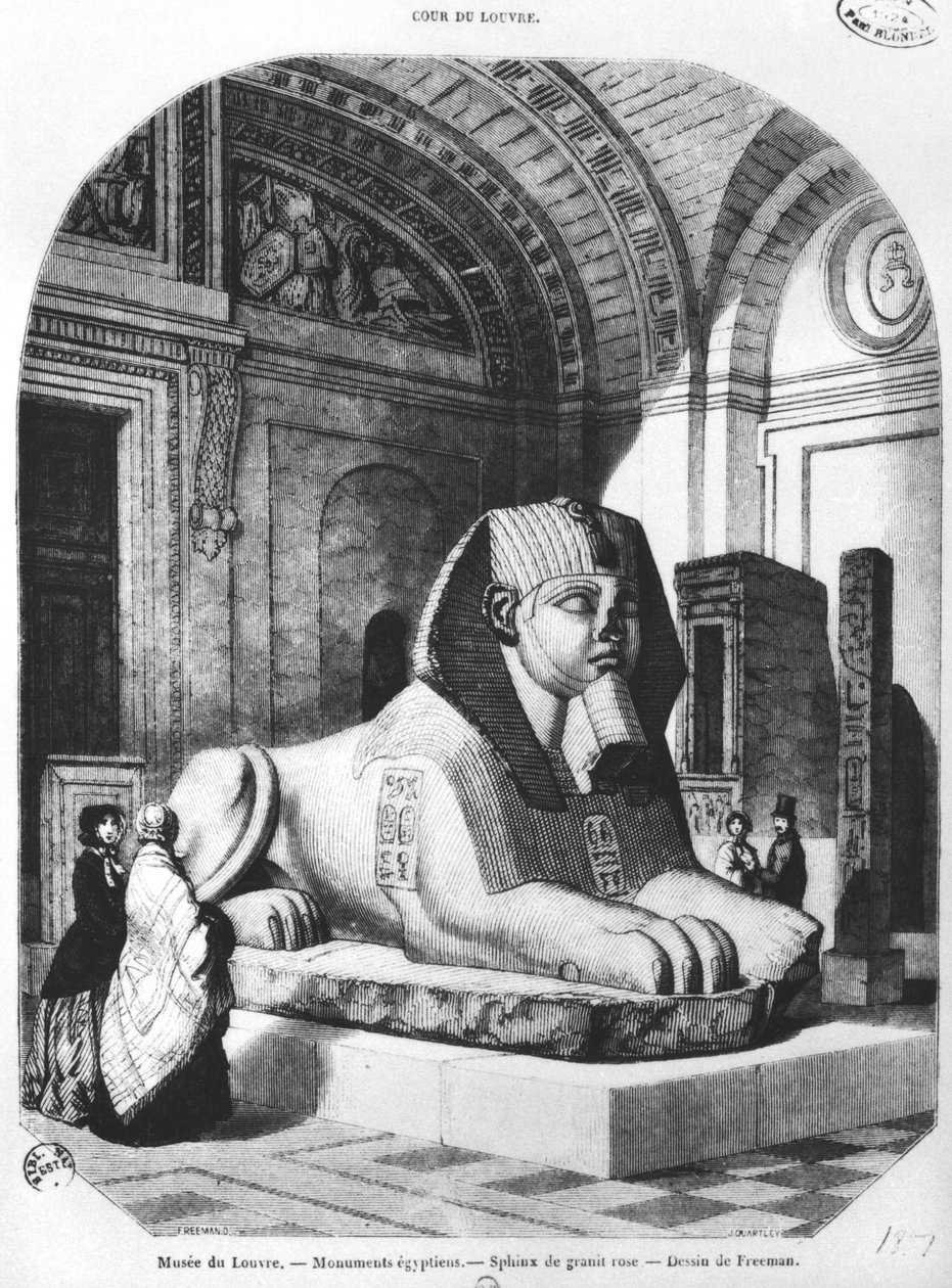 Den rosa granittsfinksen i de egyptiske rommene i Louvre-museet, illustrasjon fra 