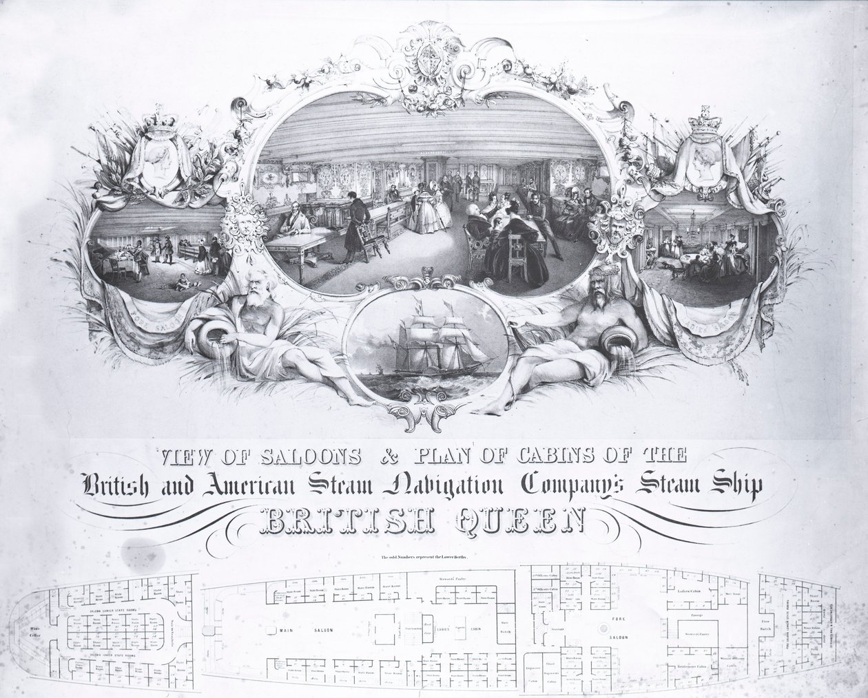 Utsikt over salonger og plan over lugarer til dampskipet den britiske dronningen, ca. 1839 (litho) av John R. Isaac