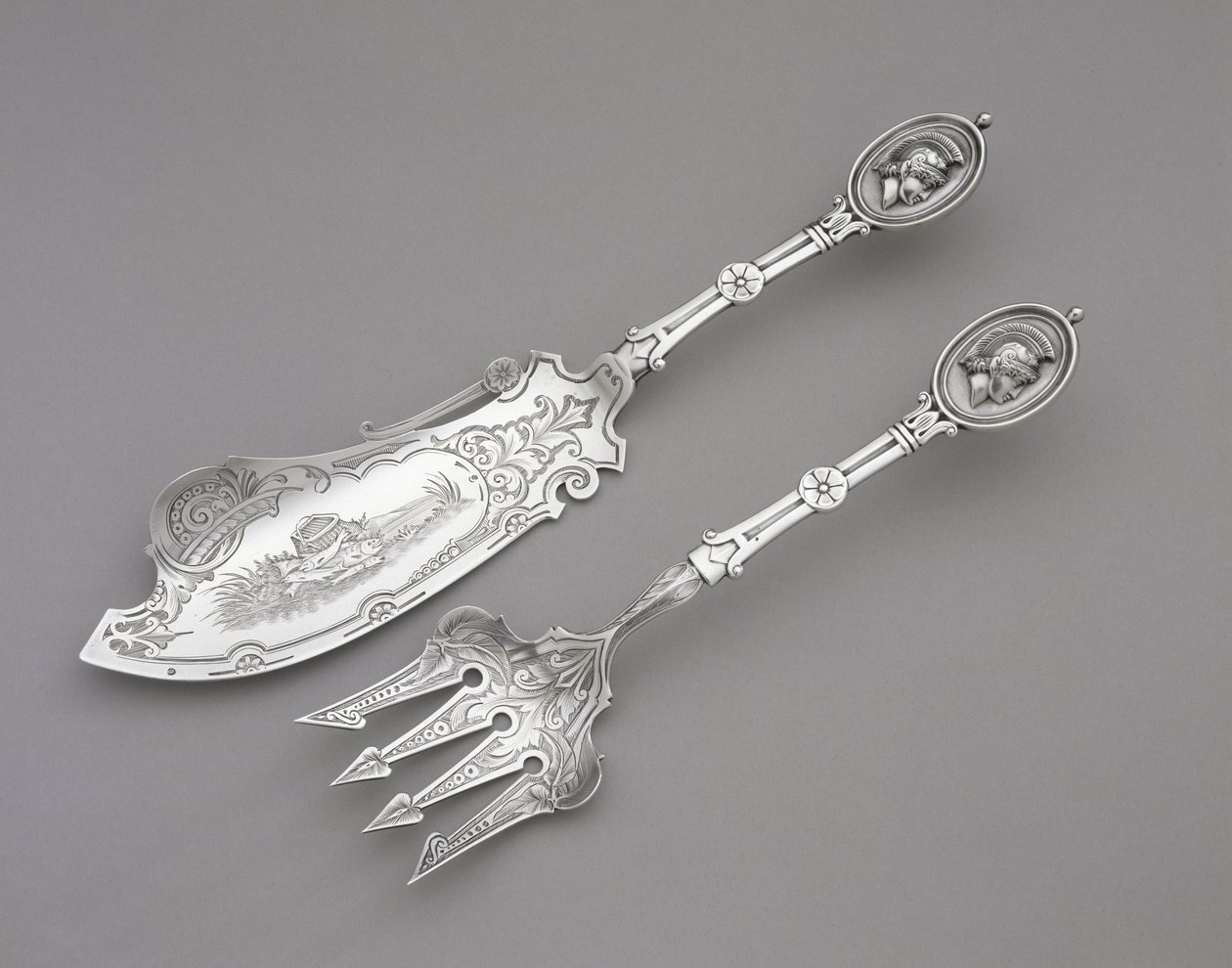 Fiskegaffel og kniv, ca. 1862–1870 (sølv) av John R. Wendt