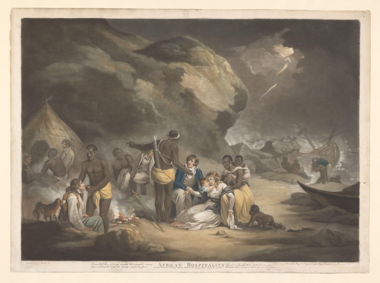 Afrikanske mennesker hjelper britiske skipper African Hospitality (tittel på objekt) av John Raphael Smith