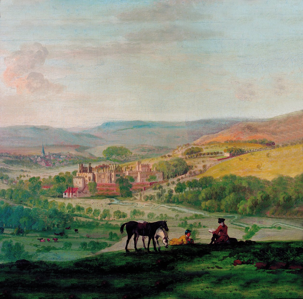 En utsikt fra 1700-tallet av Haddon Hall med landsbyen Bakewell i bakgrunnen av John Raphael Smith