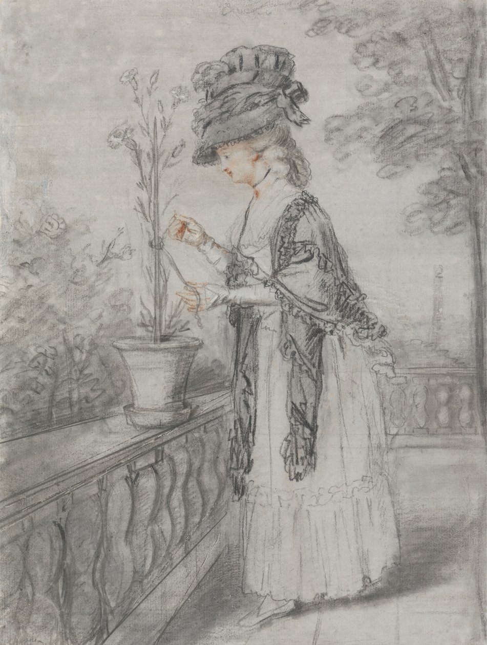 Dame på en terrasse som passer på en nellikplante av John Raphael Smith